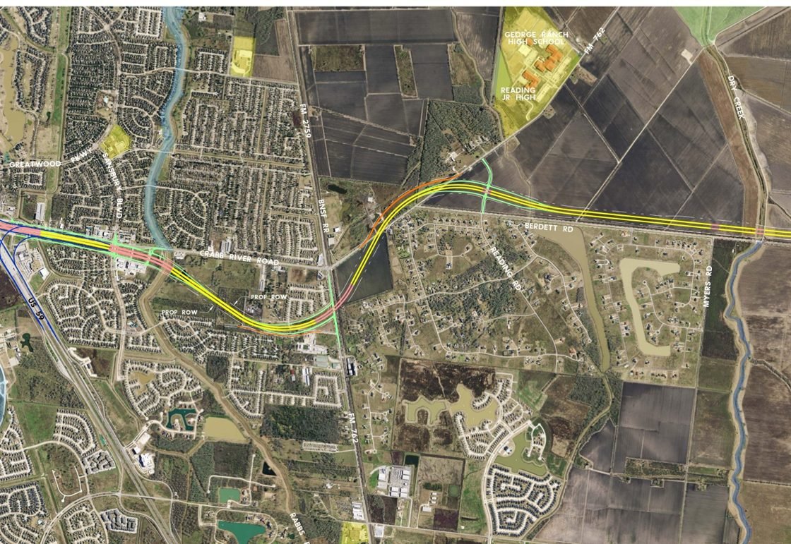 TxDOT engineering exhibit showing the Grand Parkway Segment C route over aerial imagery of Greatwood, Crabb River Road, and George Ranch High School near Richmond/Sugar Land